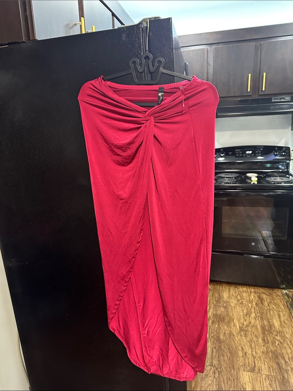 Ruched High-Low Draped Skirt in Red